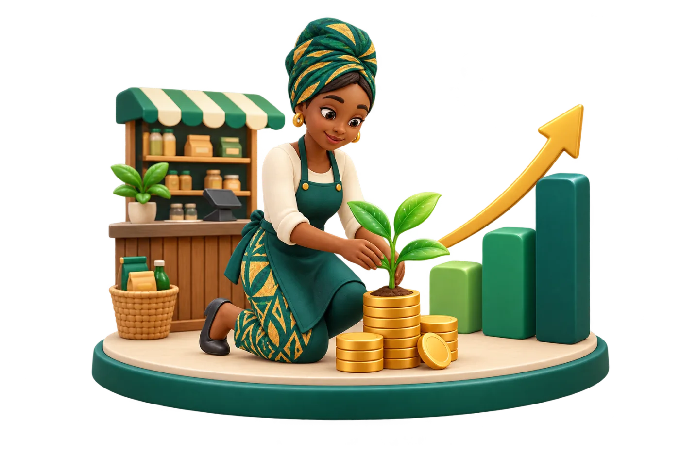 A shopkeeper planting a seedling in a stack of coins beside a rising chart