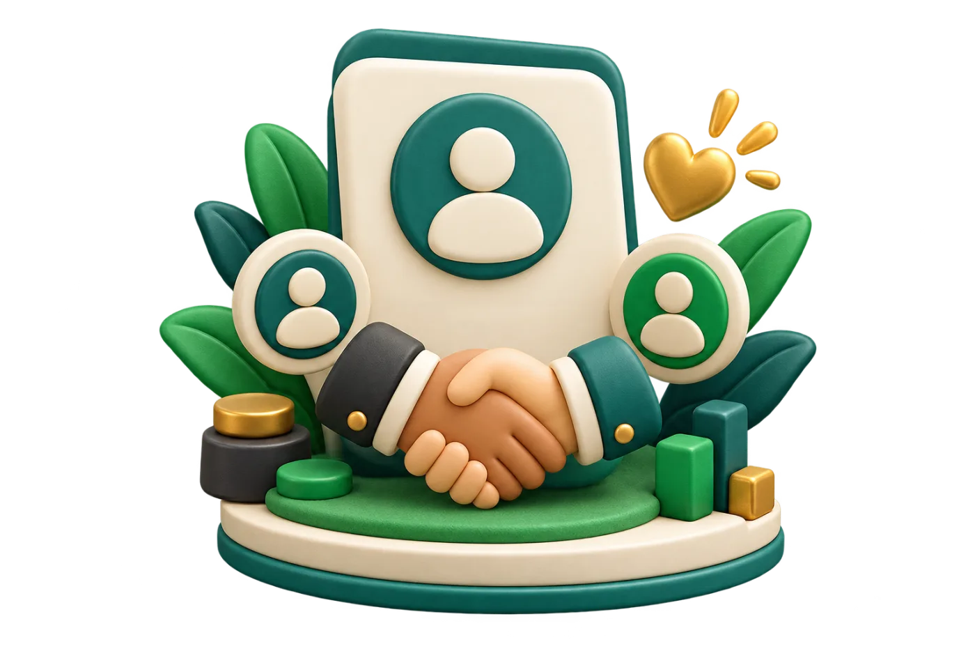 A handshake in front of a customer card, with a gold heart