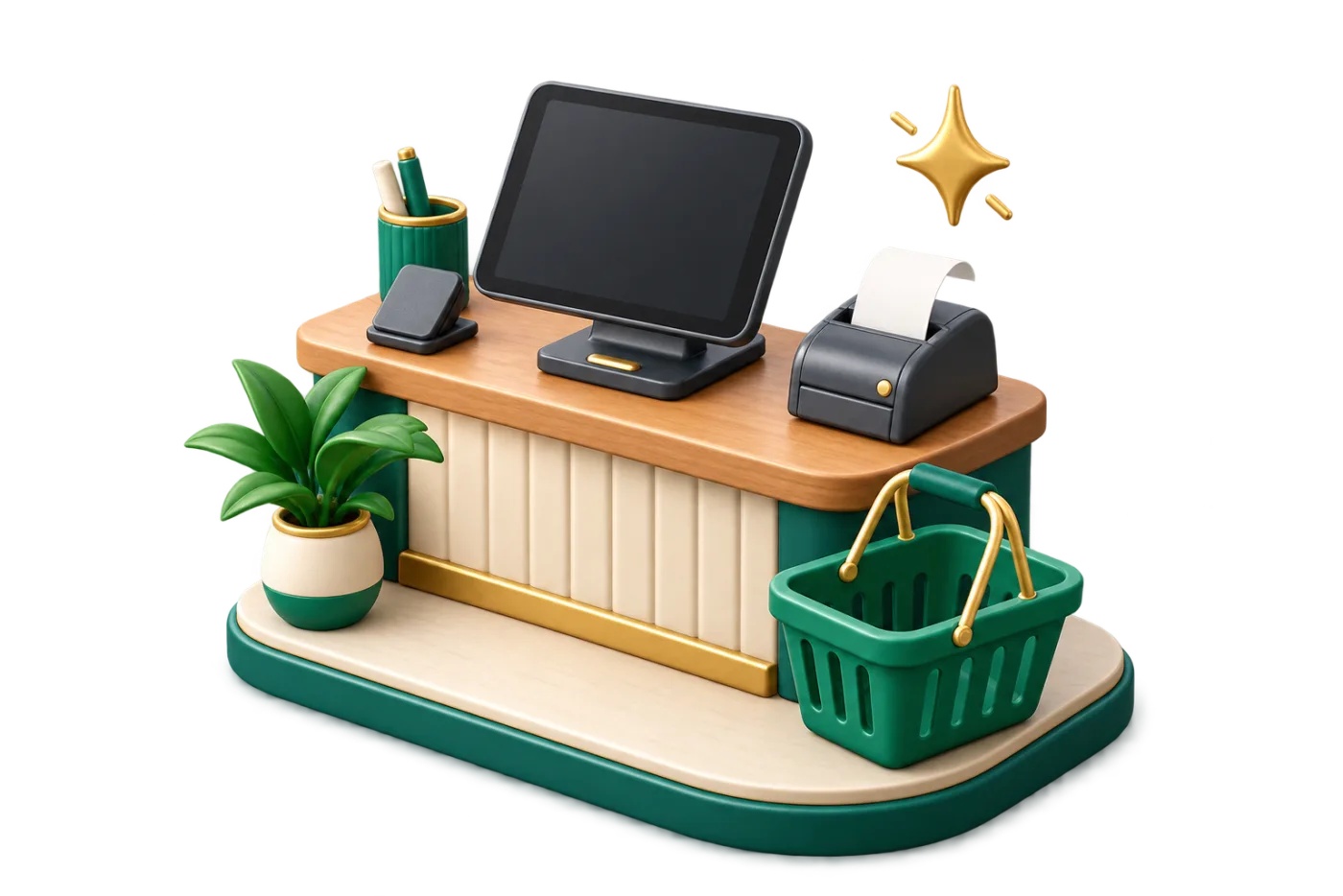 A shop counter with a tablet till, a card reader, a receipt printer and a basket