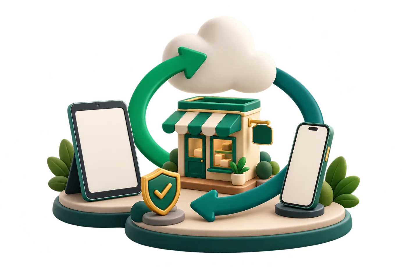 A shop between a tablet and a phone, with arrows circling up to a cloud