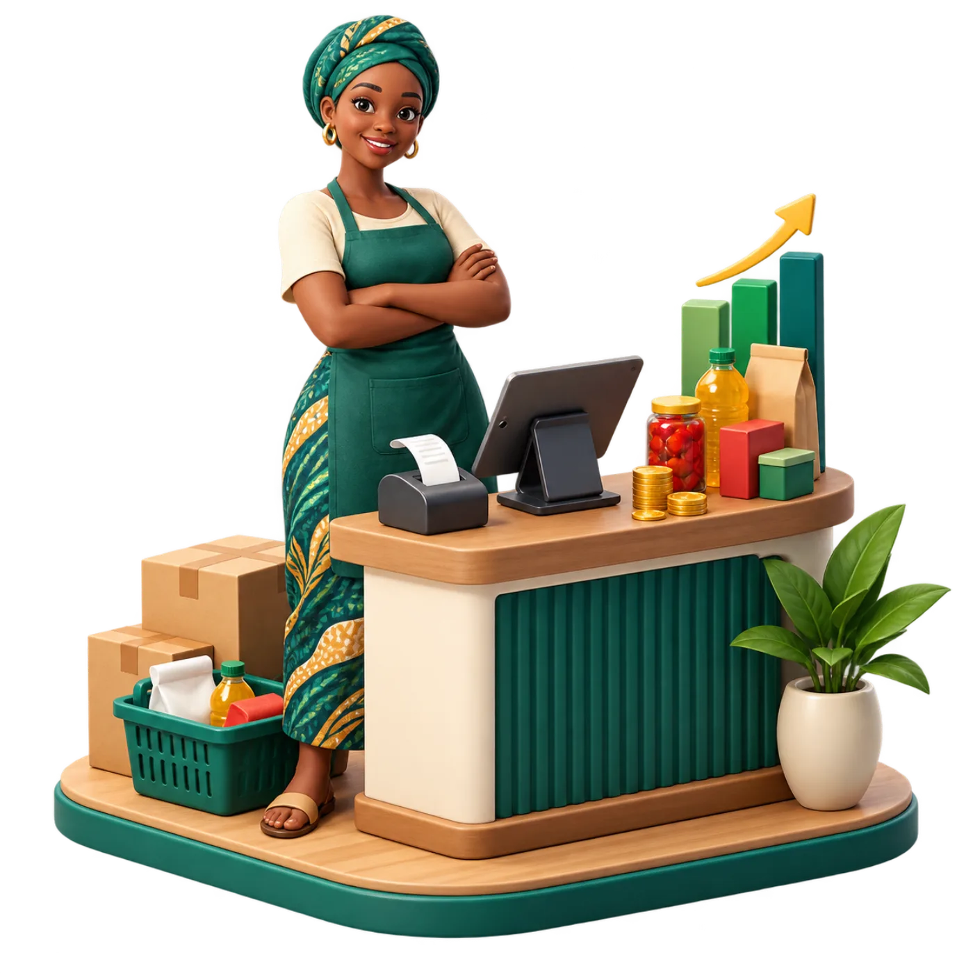 A shopkeeper at her counter, surrounded by stock and a till