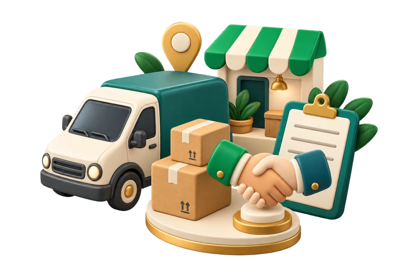 A delivery truck, boxes and a handshake in front of a shop