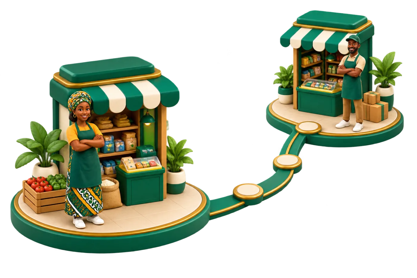 Two shops connected by a path, each with its own shopkeeper