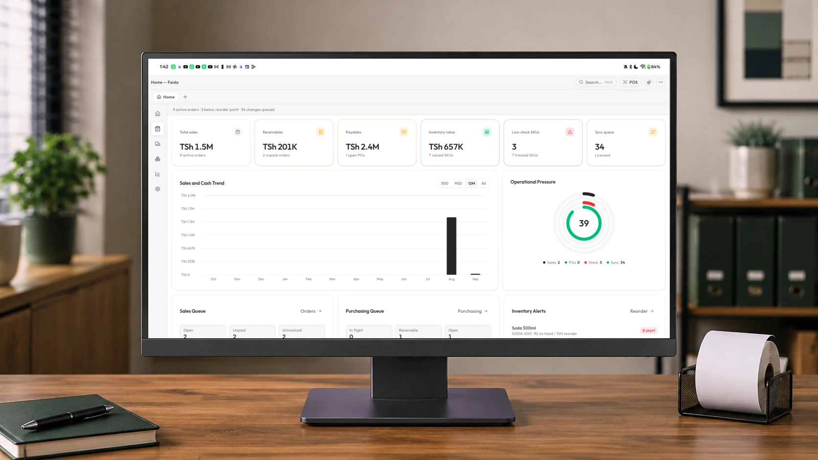 Faida owner dashboard and operational reports on a desktop monitor