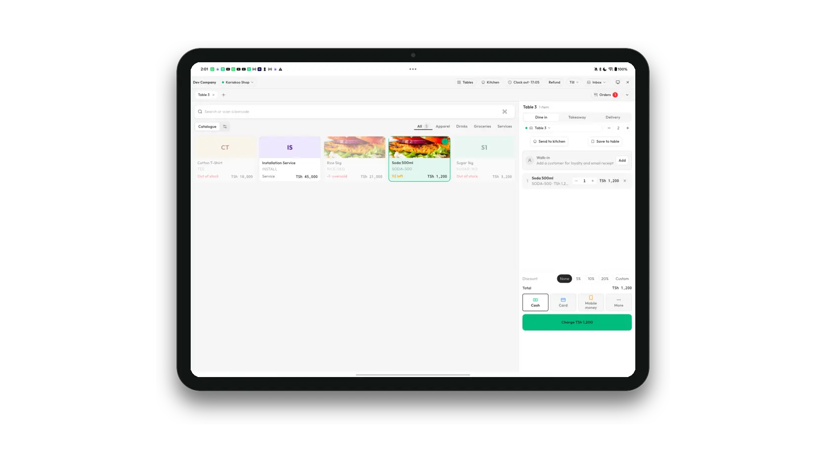 Faida restaurant point of sale on a tablet — a dine-in sale at Table 3 with Send to kitchen beside the order