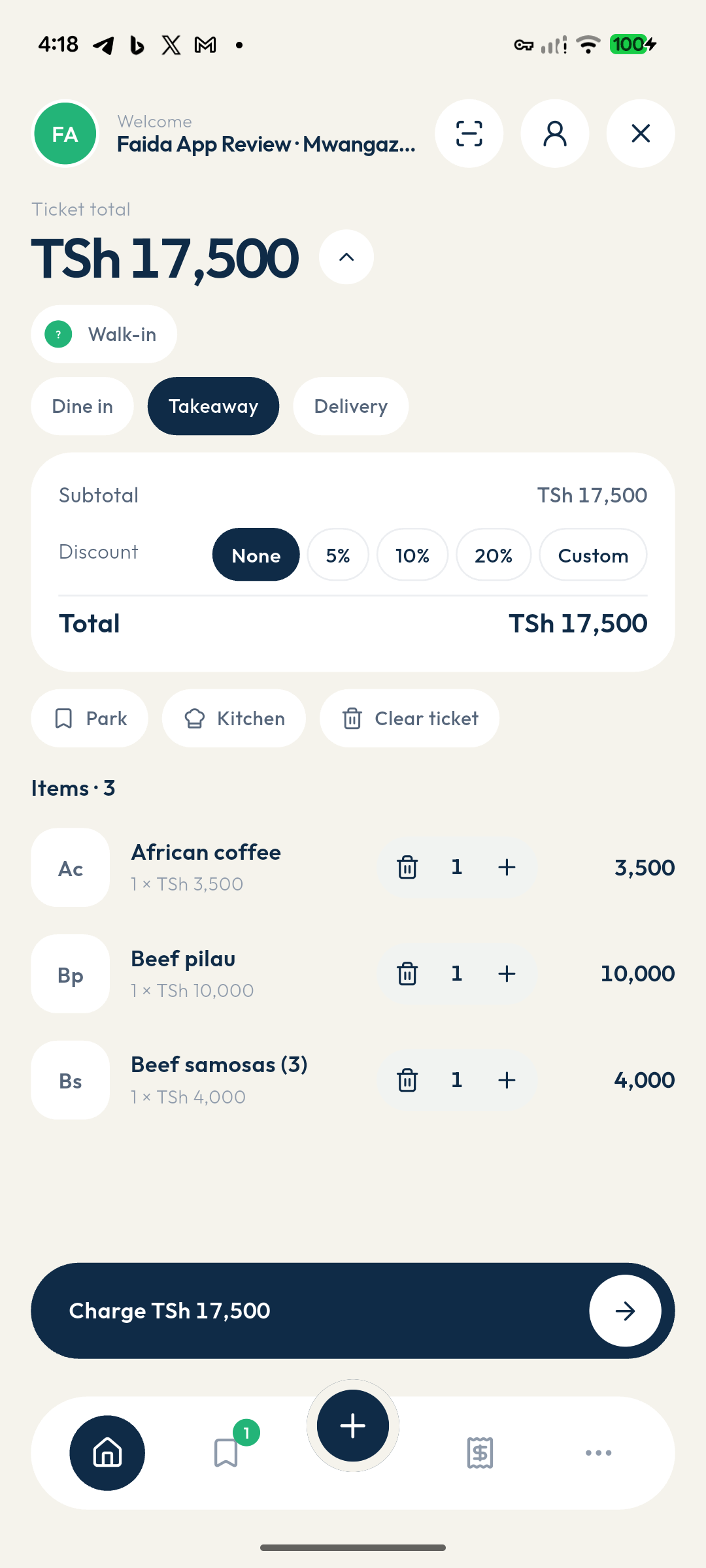 Faida handheld POS with a takeaway ticket, item quantities, and checkout total