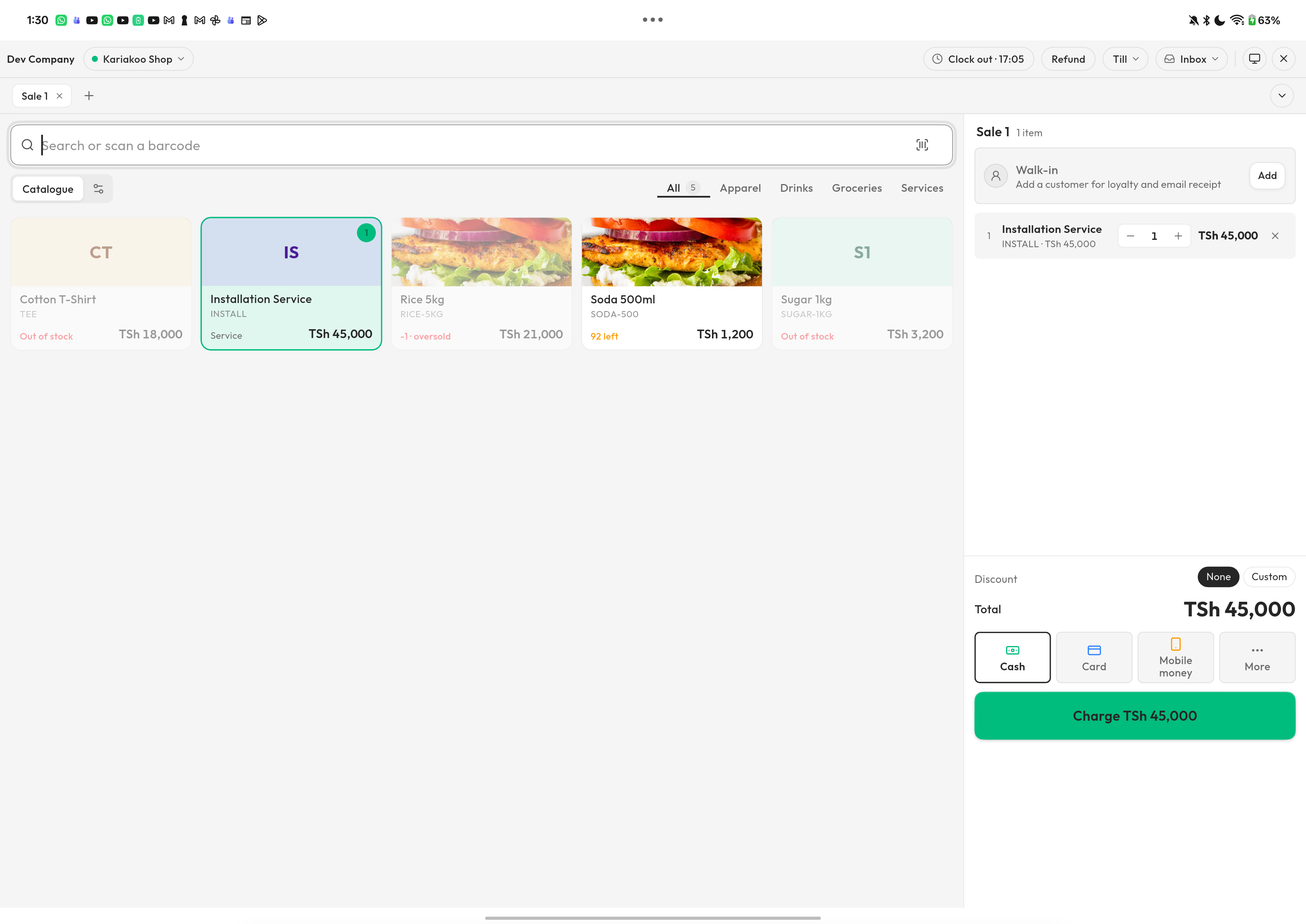 Faida checkout with the product catalogue and payment controls