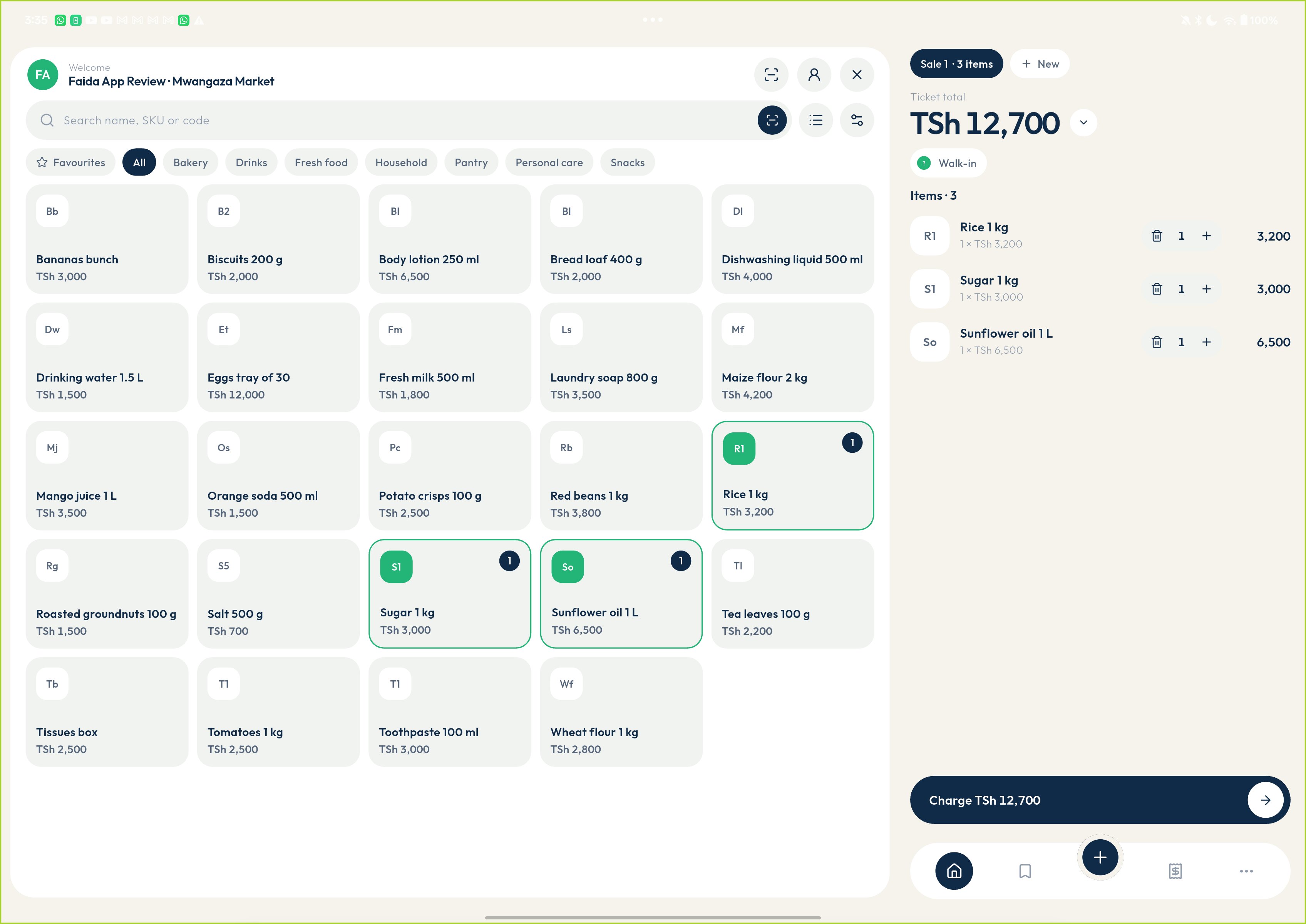 Faida checkout with the product catalogue, basket, and payment options